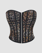 Leopard print cotton corset back view with vertical boning and black trim