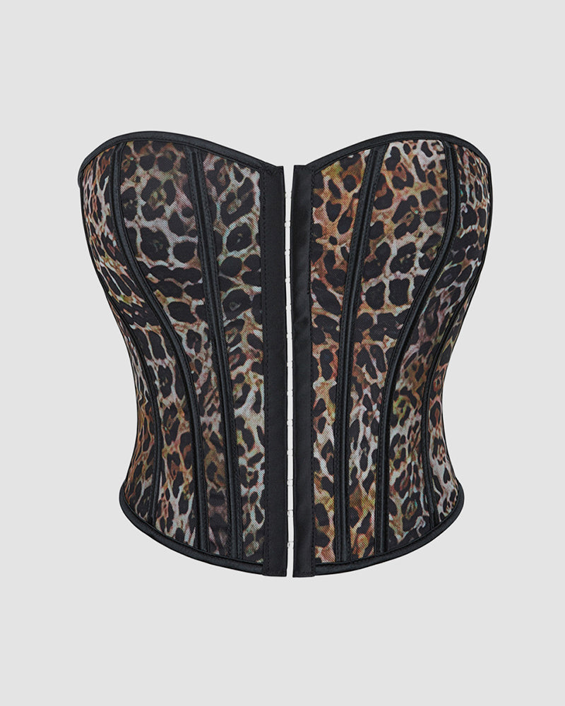Leopard print cotton corset back view with vertical boning and black trim