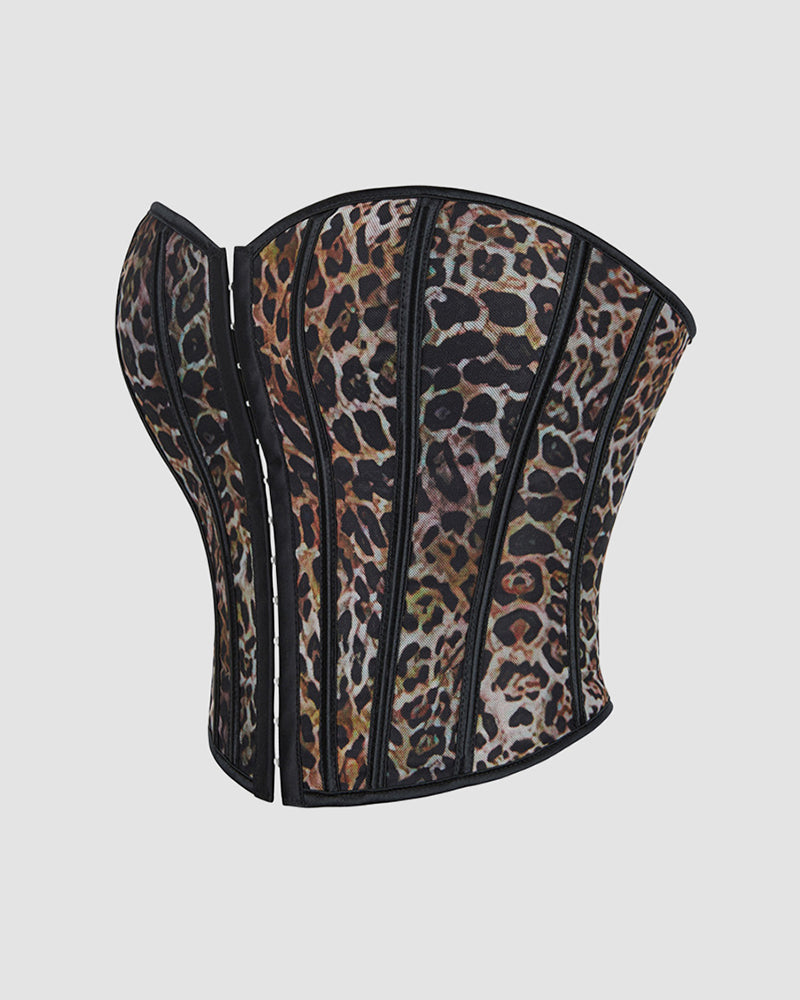 Leopard print cotton corset side view with vertical boning and black piping