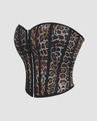 Leopard print cotton corset side view with vertical boning and black piping