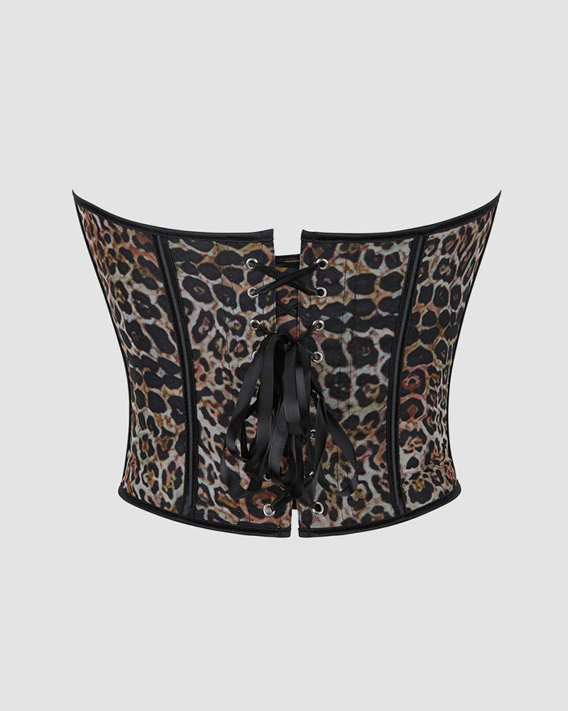 Leopard print cotton corset front with lace-up ties and sweetheart shape