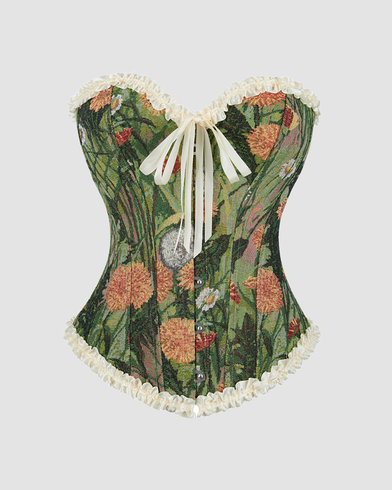 Green floral corset with white lace trim, front ribbon lacing, boned waist panel
