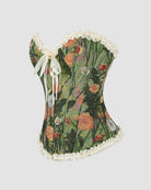 Green floral corset with white lace neckline and hem ruffles, front ribbon ties