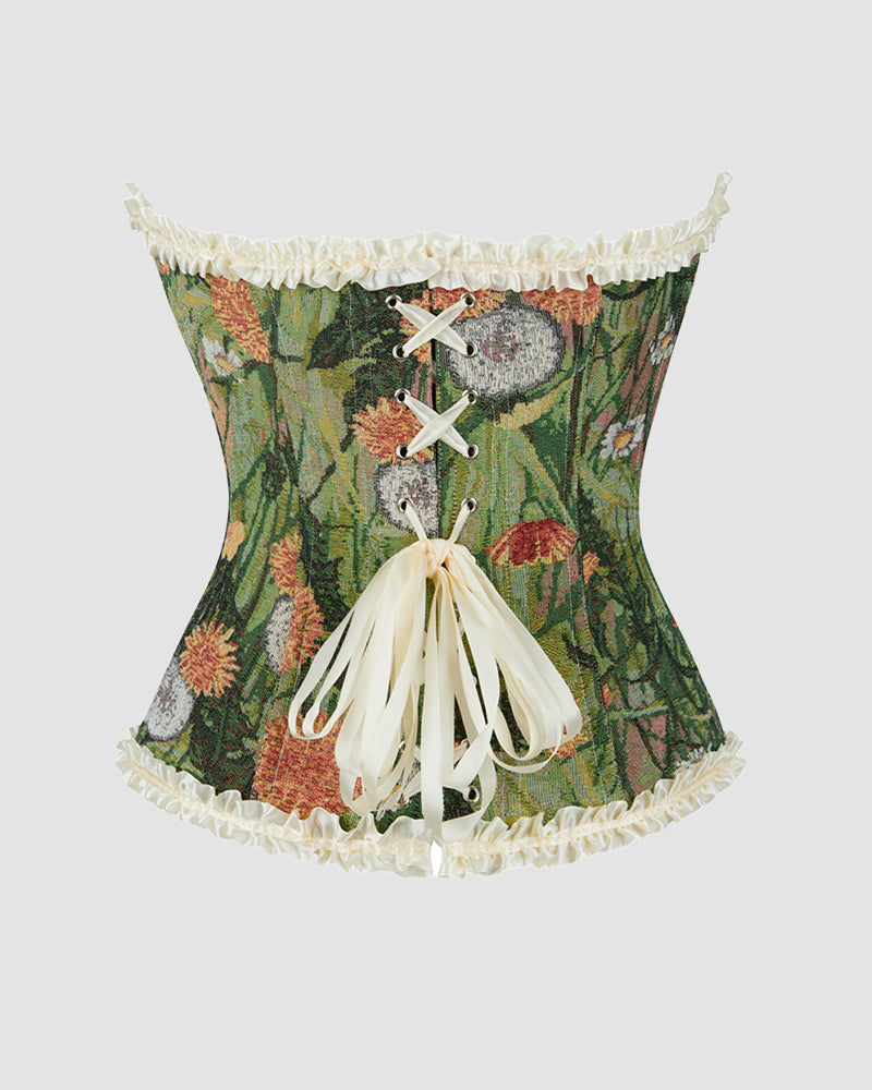 Green floral corset with wide off-shoulder lace, center eyelet corset-lace ties