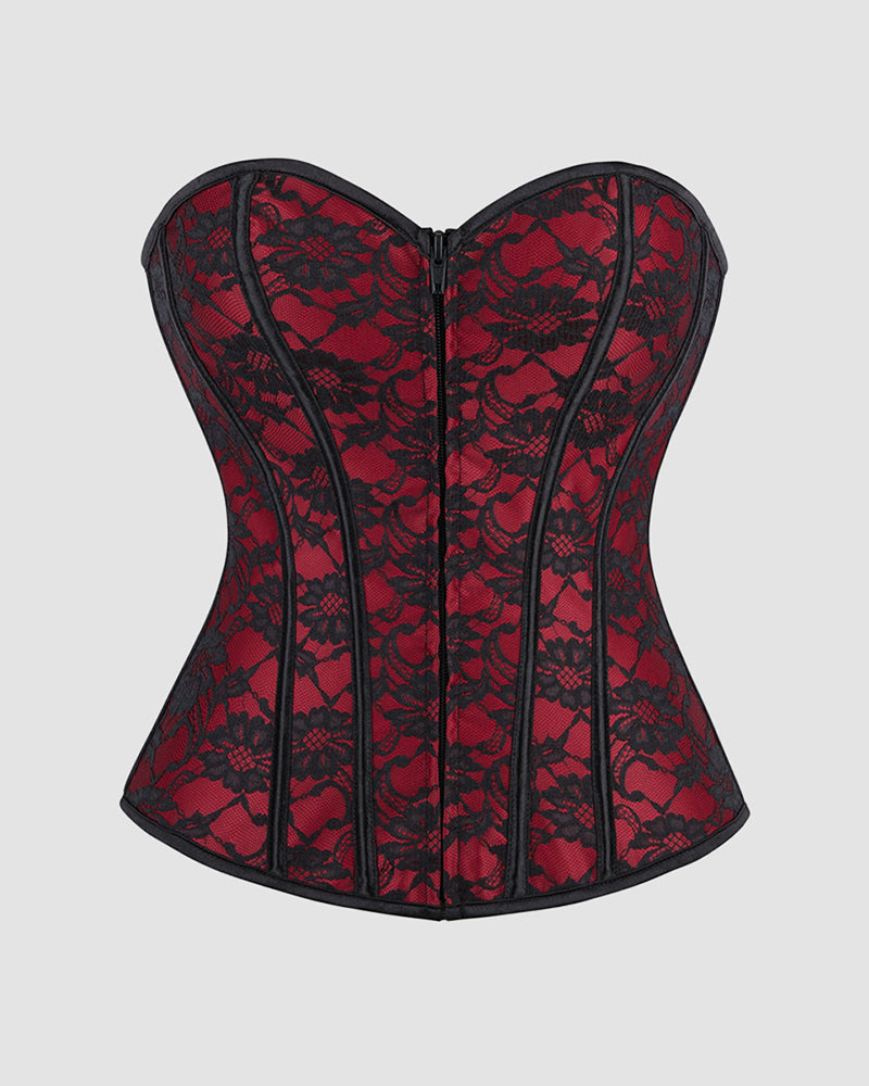 Dark red corset with black trim, panel seams, and front zipper closure