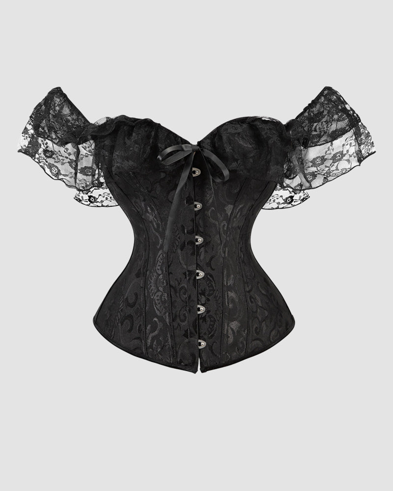 Black lace corset with wide off-shoulder sleeves and front ribbon tie, 12-boned fit