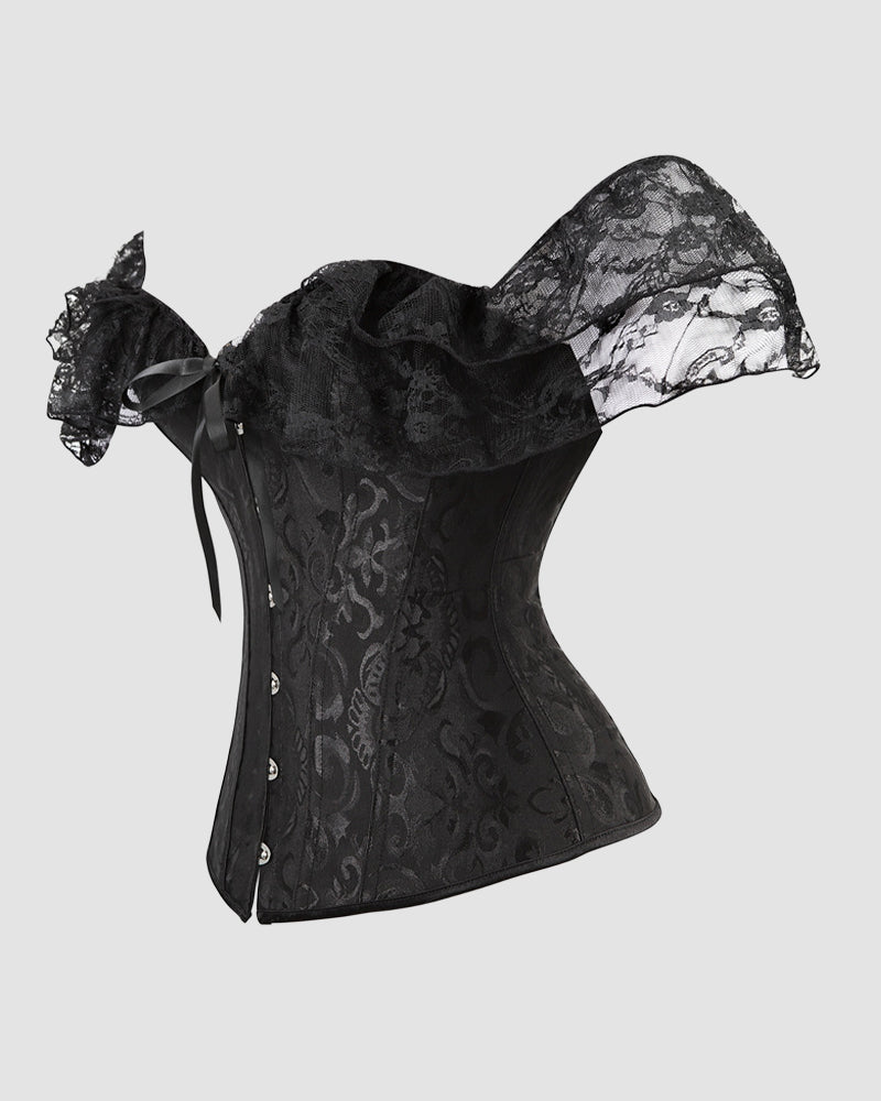 Black jacquard corset with lace sleeves, ribbon bow at side, front hook-and-eye closure