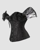 Black jacquard corset with lace sleeves, ribbon bow at side, front hook-and-eye closure