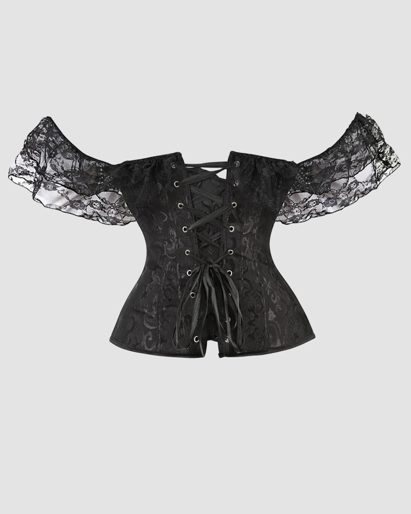 Black lace corset with off-shoulder sleeves and front lace-up detail, fitted waist panel