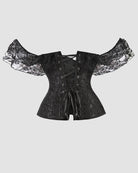 Black lace corset with off-shoulder sleeves and front lace-up detail, fitted waist panel