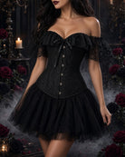 Black lace off-shoulder corset top with front button closure and boned waist