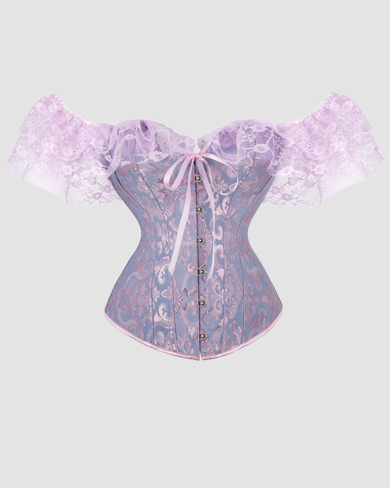 Lilac jacquard corset with lace off-shoulder sleeves and pink ribbon tie at center