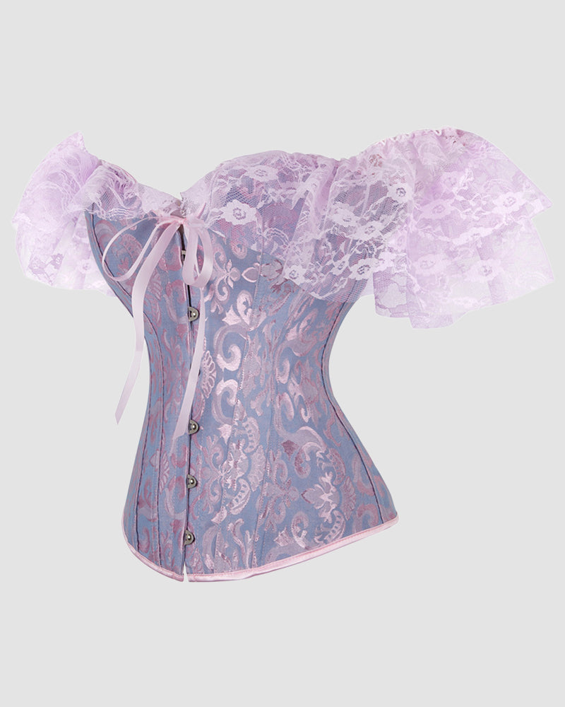 Lilac lace corset with off-shoulder sleeves and front lace-up closure with ribbon ties