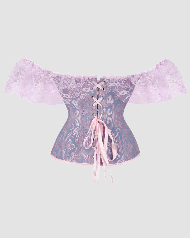 Lilac corset with lace off-shoulder sleeves and center front lace-up with ribbon drawstrings