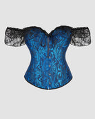 Blue jacquard corset top with black lace puff sleeves and front button-lacing