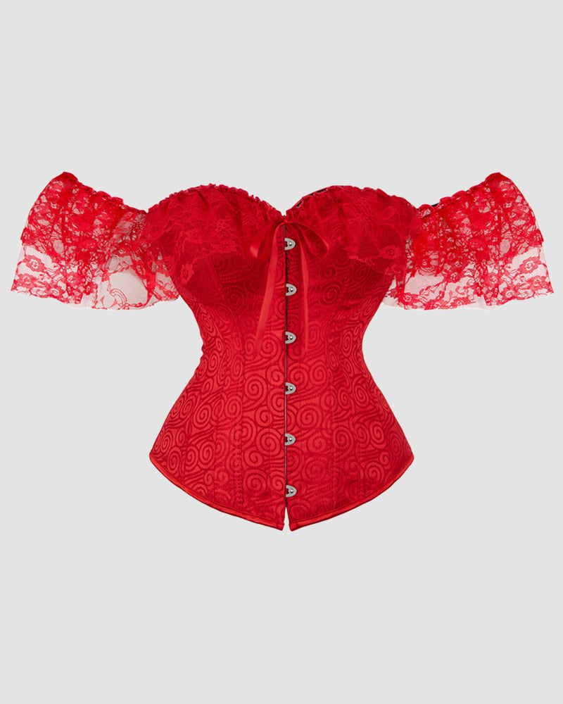 Red lace corset with wide off-shoulder sleeves and front buttoned center panel