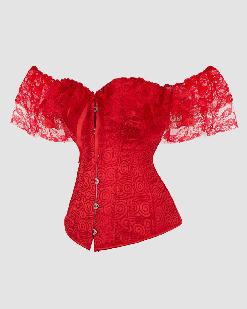 Red jacquard corset with lace off-shoulder sleeves and front hook-and-eye closure