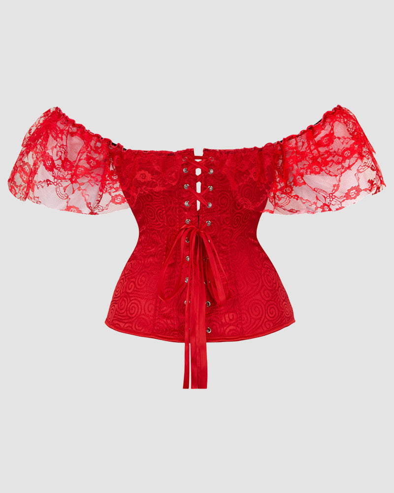 Red lace corset with off-shoulder sleeves and center lace-up with dangling ribbon ties