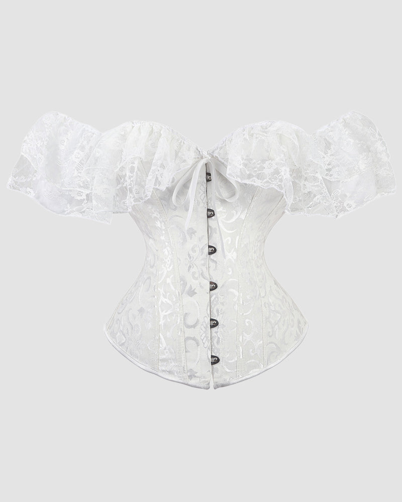 White lace corset with wide off-shoulder sleeves and front button-and-ribbon closure