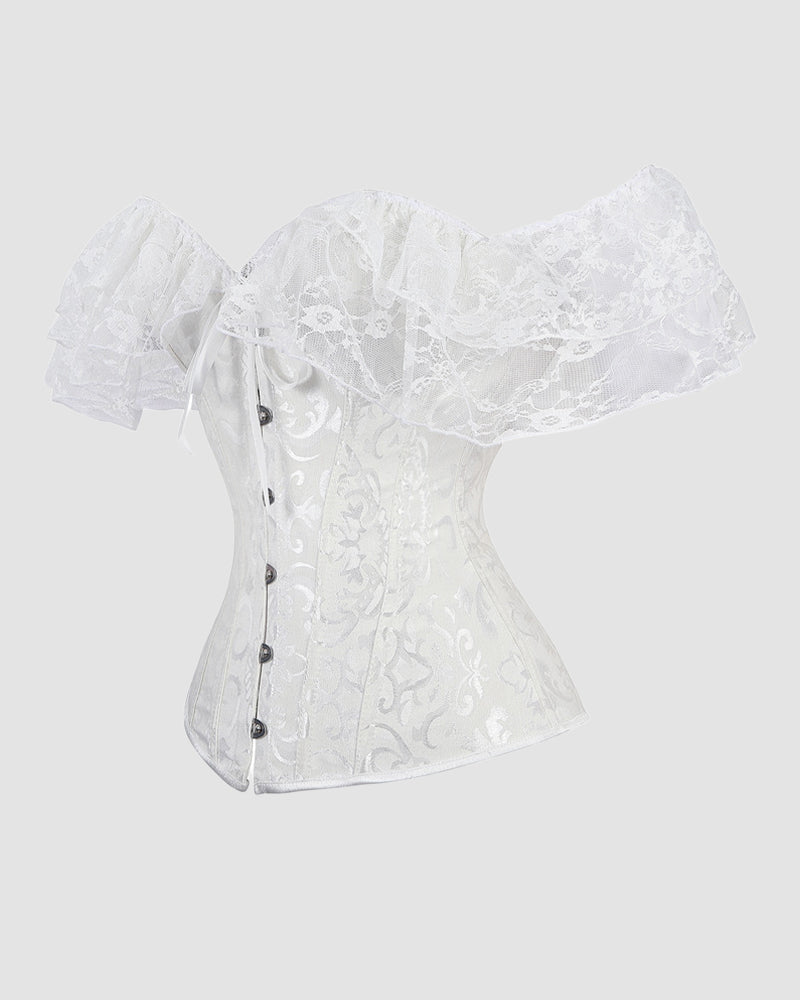White lace cotton corset with off-shoulder ruffles, front buttons and white lacing