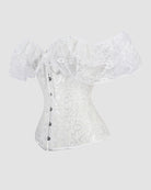 White lace cotton corset with off-shoulder ruffles, front buttons and white lacing