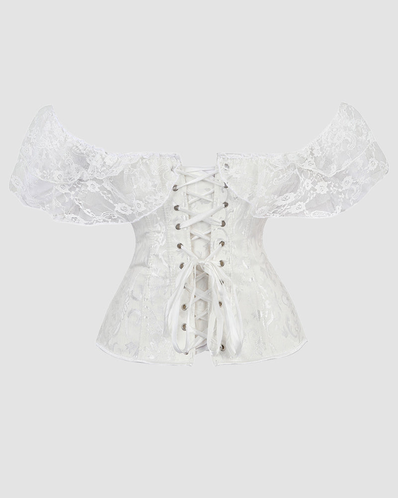 White lace corset with wide off-shoulder sleeves, front lacing and boned seams