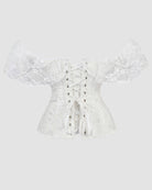 White lace corset with wide off-shoulder sleeves, front lacing and boned seams