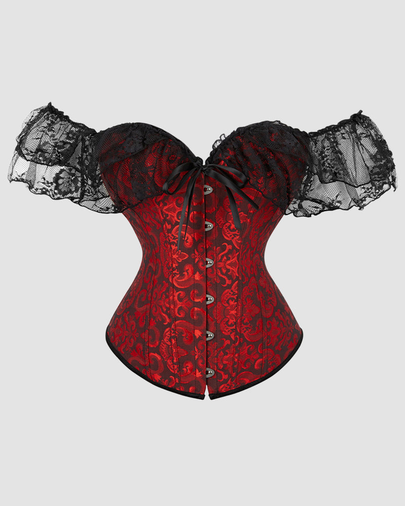 Red jacquard corset with lace off-shoulder sleeves, black trim, front hook buttons