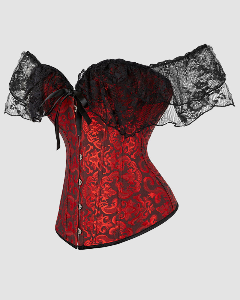 Red jacquard corset with black lace off-shoulder sleeves and a center front bow tie