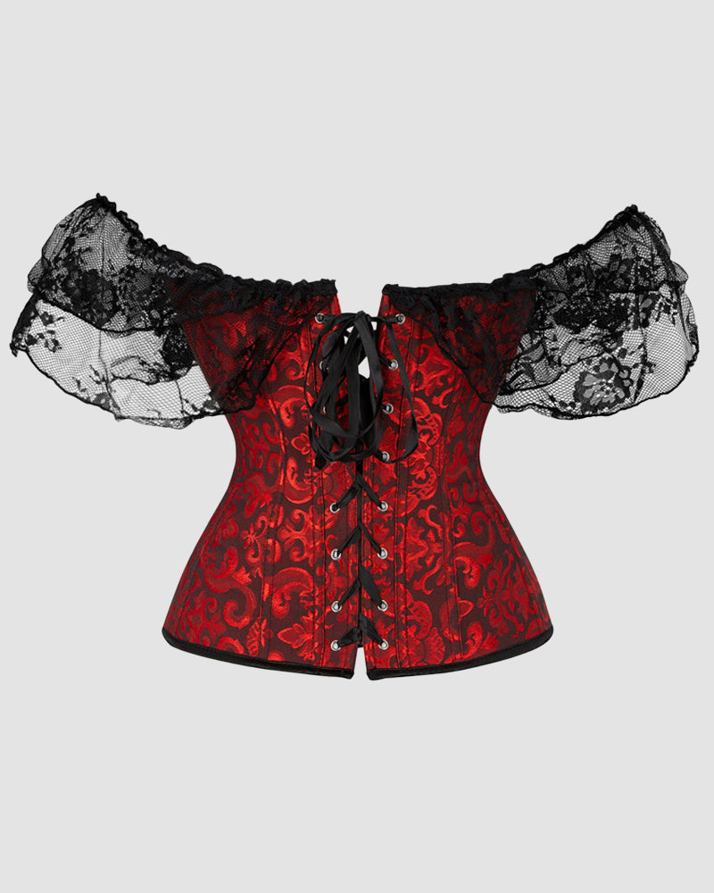 Red jacquard corset with lace off-shoulder sleeves, center front ribbon lacing