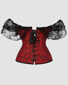 Red jacquard corset with lace off-shoulder sleeves, center front ribbon lacing