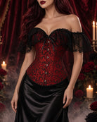 Red jacquard corset top with black lace off-shoulder neckline and front button-lacing