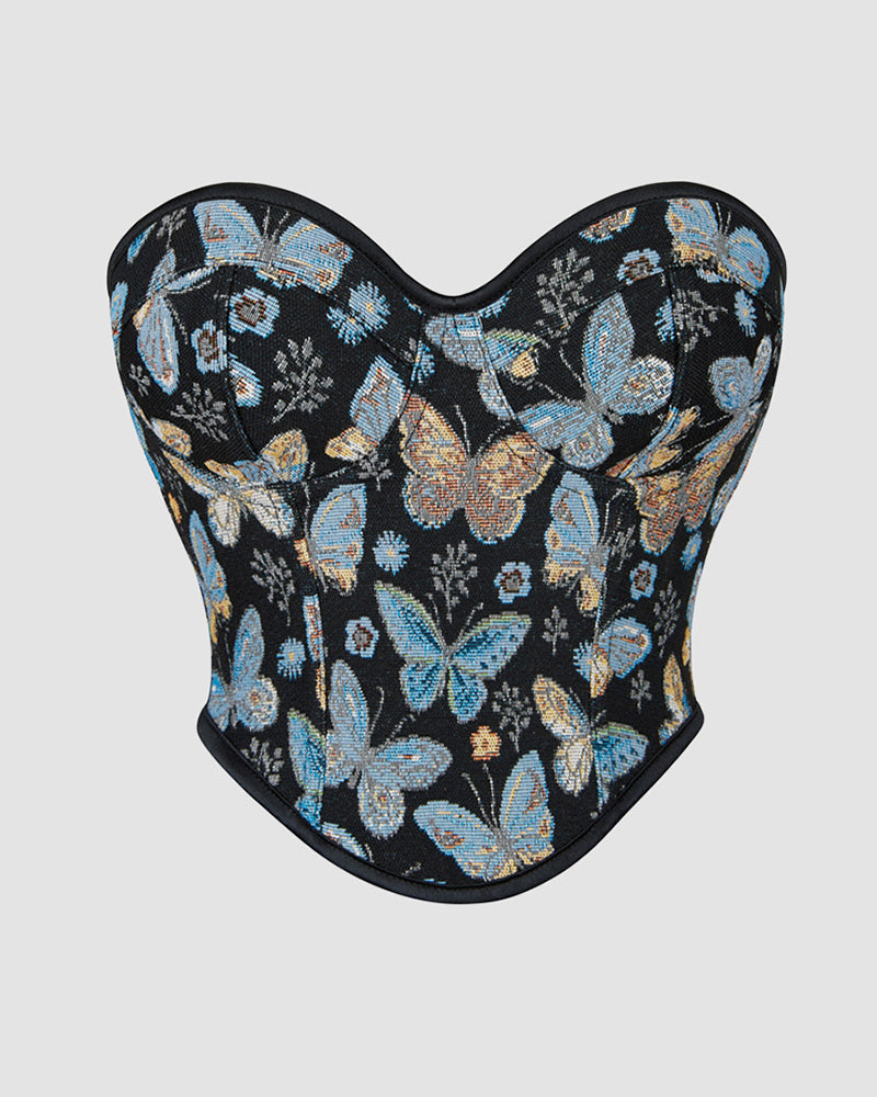 Black butterfly-pattern cotton corset with sweetheart neckline and curved boning panels
