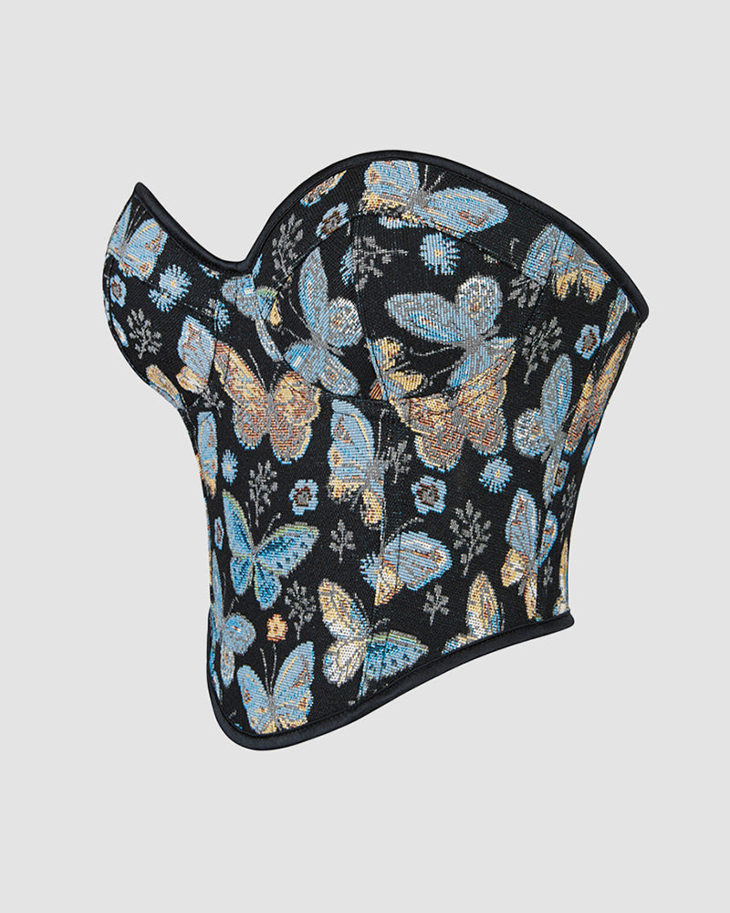 Butterfly-print corset in black with sweetheart neckline and curved boning seams