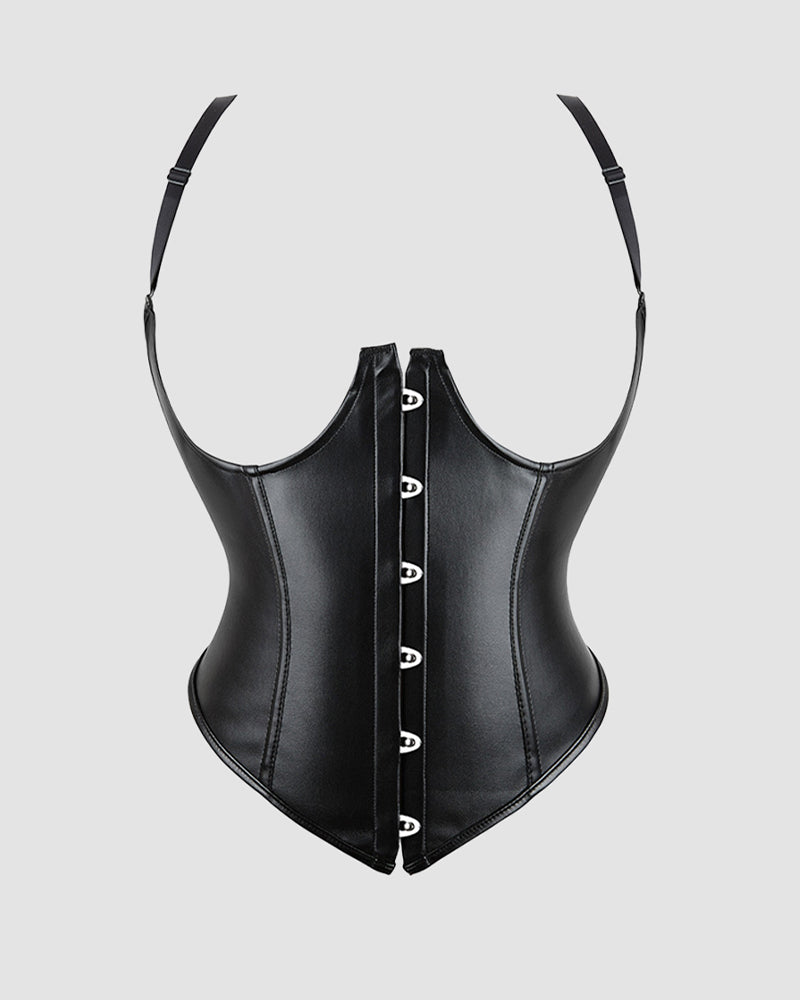 Black leather corset with front lacing and structured boned panels