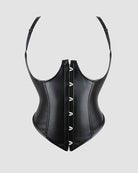 Black leather corset with front lacing and structured boned panels
