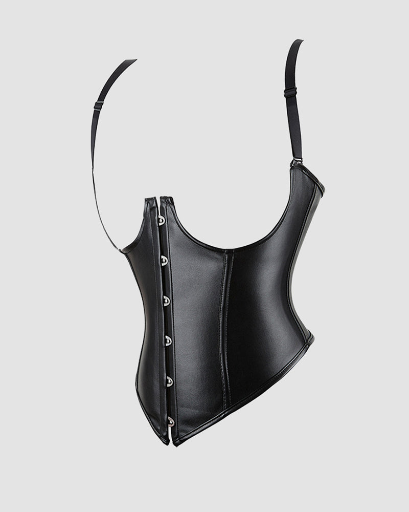 Black leather corset with front lacing and adjustable shoulder straps