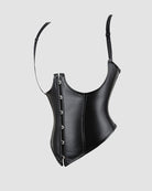 Black leather corset with front lacing and adjustable shoulder straps