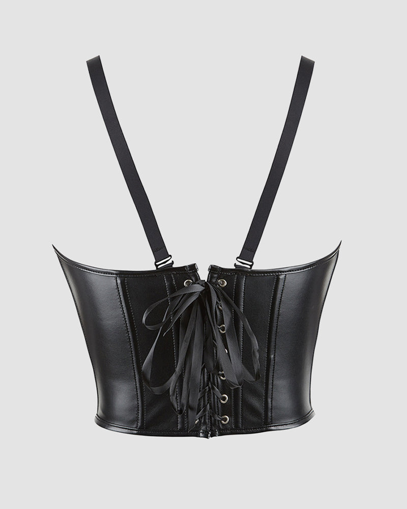 Black leather corset with tie-lace back and curved boned seams