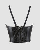 Black leather corset with tie-lace back and curved boned seams