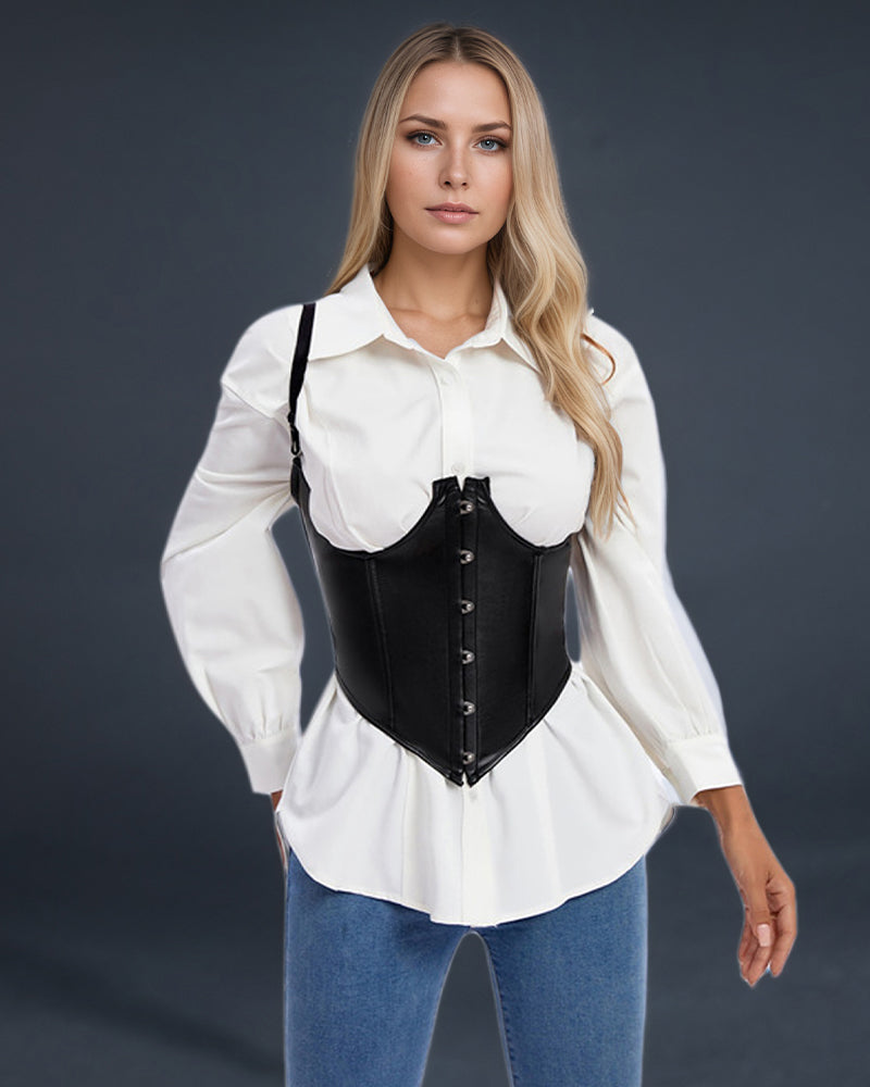 Black leather corset worn over white shirt, front eye-and-hook closure
