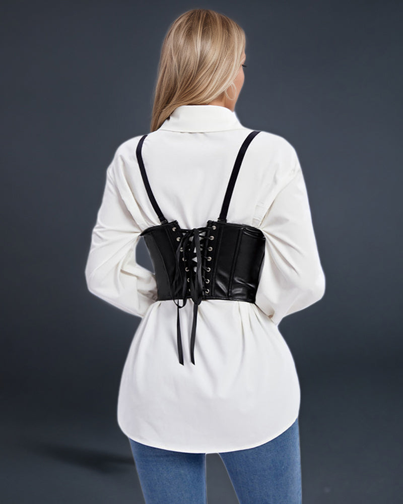 Black leather corset worn over white shirt, tie-lace back and shoulder straps