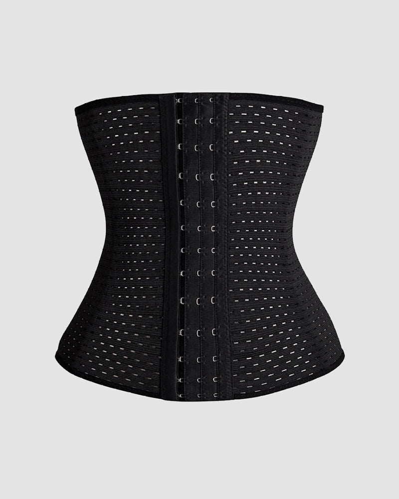 Black waist-training corset with perforated panels and front hook-and-eye closures