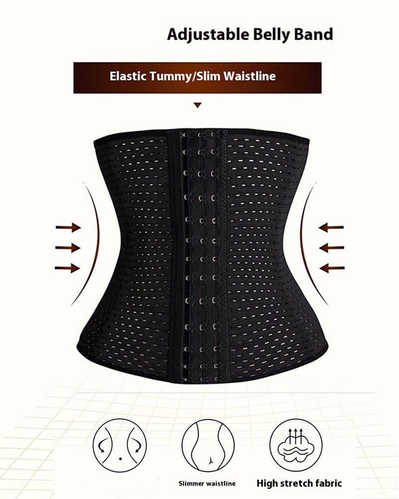Black perforated belly band corset with a central hook-and-eye front panel