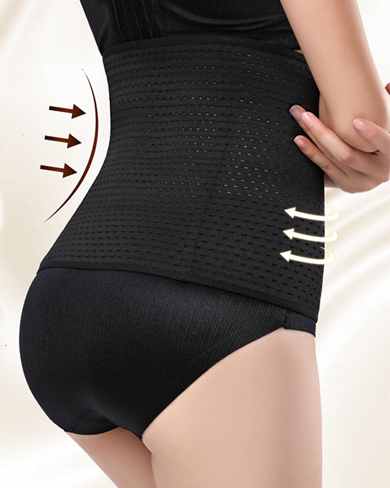 Black perforated corset band with hook-and-eye front and smooth midsection panel