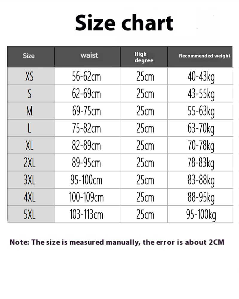 Size chart showing waist and recommended weight ranges for waist corsets