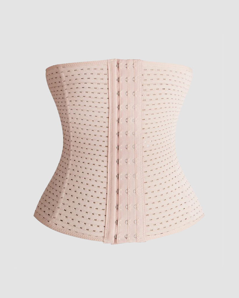 Light brown waist corset with perforated panels and front hook-and-eye closure