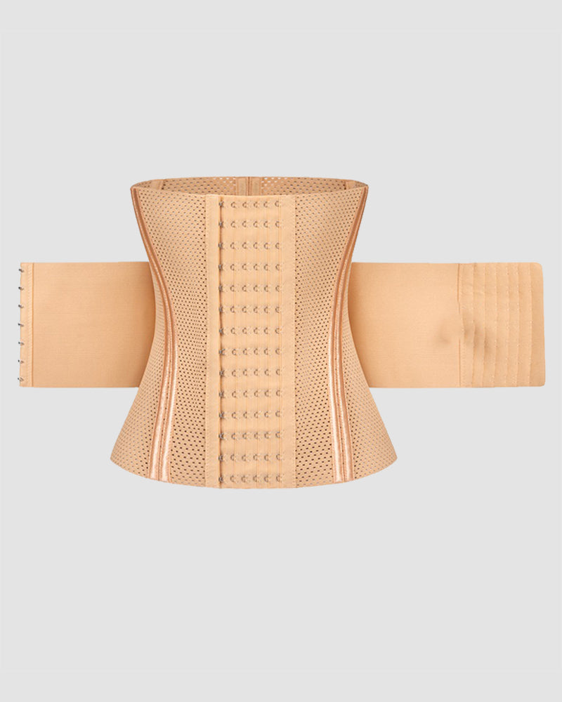 Apricot breathable compression corset with perforated mesh and front hook-eye row closure