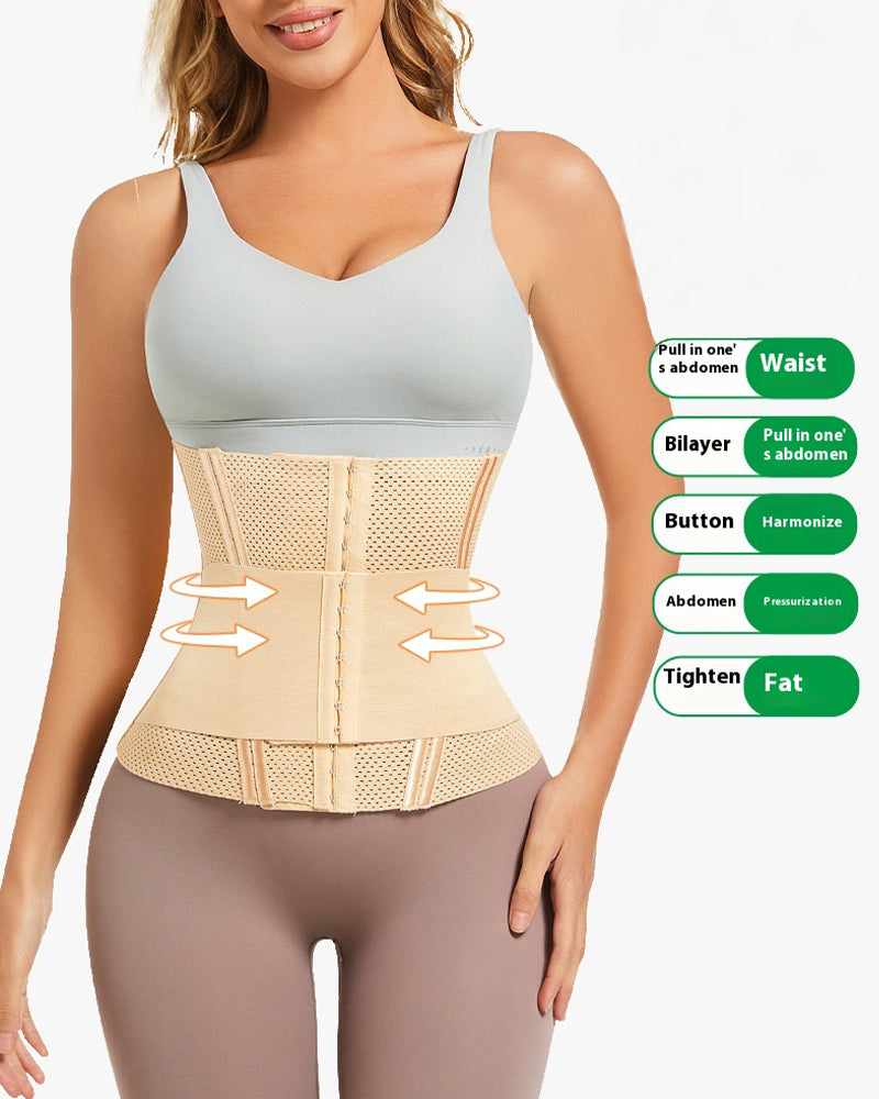 Apricot breathable compression corset worn with a smooth front panel and adjustable eyelets