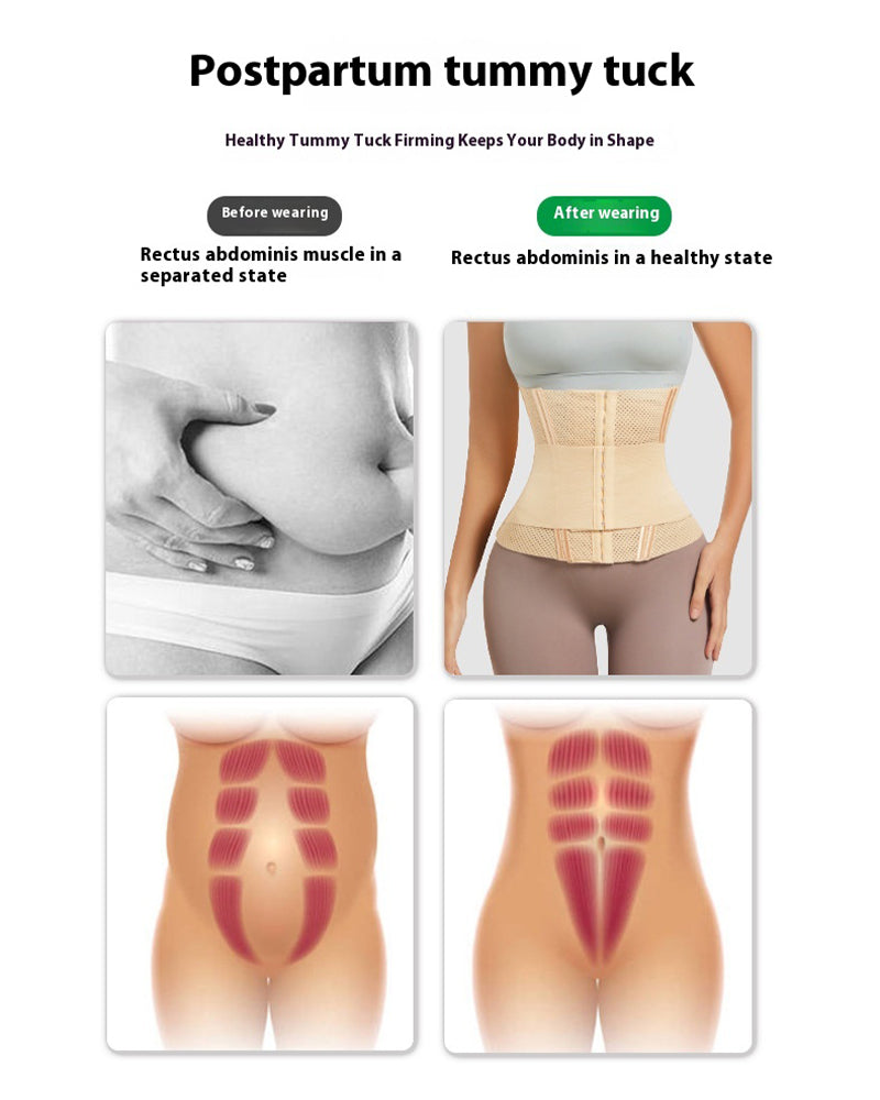 Waist-firming corset before-and-after panel with model wearing the belt